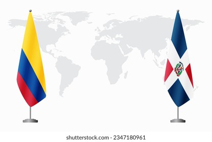 Colombia and Dominican flags for official meeting against background of world map.