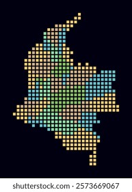 Colombia dotted map. Digital style map of the country on dark background. Colombia shape with square dots. Colored dots style. Large size squares. Trending vector illustration.