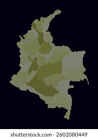 Colombia dotted map. Digital style map of the country on dark background. Colombia shape with square dots. Colored dots style. Small size squares. Classy vector illustration.