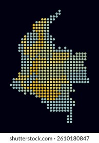 Colombia dotted map. Digital style map of the country on dark background. Colombia shape with circle dots. Colored dots style. Large size circles. Plain vector illustration.
