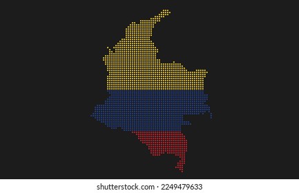Colombia dotted map flag with grunge texture in mosaic dot style. Abstract pixel vector illustration of a country map with halftone effect for infographic. 