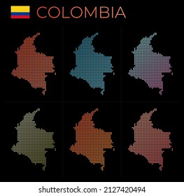 Colombia dotted map set. Map of Colombia in dotted style. Borders of the country filled with beautiful smooth gradient circles. Authentic vector illustration.