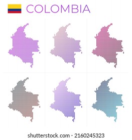 Mapa colombiano. Mapa de Colombia de estilo punteado. Las fronteras del país están llenas de hermosos círculos de gradientes lisos. Ilustración vectorial atractiva.
