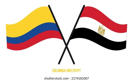 Banderas de Colombia y Egipto cruzadas y ondeando estilo plano. Proporción oficial. Colores correctos.