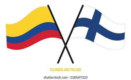 Colombia and Finland Flags Crossed And Waving Flat Style. Official Proportion. Correct Colors.