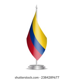 Colombia flag - 3D mini flag hanging on desktop flagpole. Usable for summit or conference presentaiton. Vector illustration with shading.