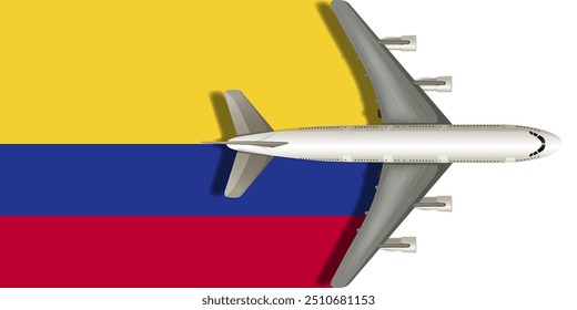 COLOMBIA flag with airplane flying over it close up. Vector image.