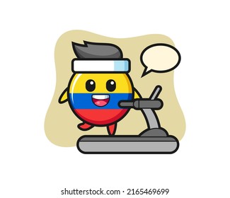 colombia flag badge cartoon character walking on the treadmill , cute style design for t shirt, sticker, logo element