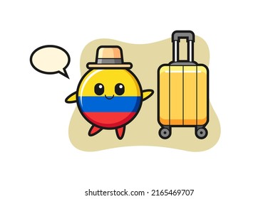 colombia flag badge cartoon illustration with luggage on vacation , cute style design for t shirt, sticker, logo element