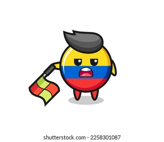 colombia flag badge character as line judge hold the flag down at a 45 degree angle , cute style design for t shirt, sticker, logo element