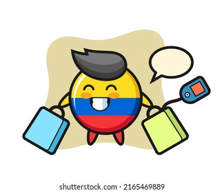 colombia flag badge mascot cartoon holding a shopping bag , cute style design for t shirt, sticker, logo element