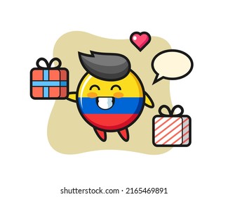 colombia flag badge mascot cartoon giving the gift , cute style design for t shirt, sticker, logo element
