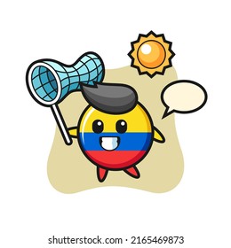 colombia flag badge mascot illustration is catching butterfly , cute style design for t shirt, sticker, logo element