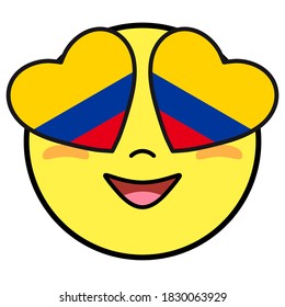 Colombia flag button. Patriotic smile in hearts glasses. Emoji icon isolated on white background.