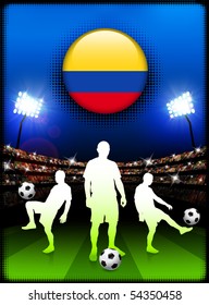 Colombia Flag Button with Soccer Match in Stadium Original Illustration