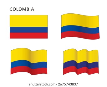Bandera de Colombia en configuración plana y ondulada, Ilustración vectorial aislada sobre fondo blanco, eps