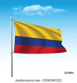 Colombia flag flying on blue sky, vector illustation.