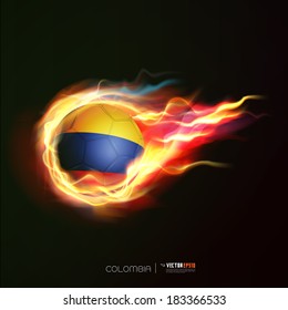 Colombia flag with flying soccer ball on fire isolated black background, vector illustration