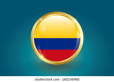 Colombia flag in the form of a circle, can be used for independence day or other events. Colombia icon gold glossy badge button with Colombia flag and shadow on light background. vector illustration. 