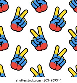Colombia flag in the form of a peace sign. Seamless background. Gesture V victory sign, patriotic sign, icon for apps, websites, T-shirts, souvenirs, etc., isolated on white background