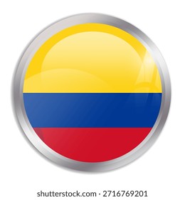 Colombia flag - glossy circle button in metal frame displays a colorful flag of a country cultural identity and heritage. The essence of national pride and unity.