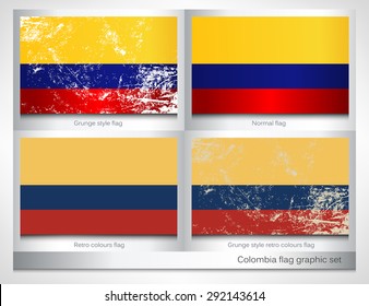 Colombia flag graphic set with a grunge effect texture and retro colors. Grunge effect can be cleaned easily.