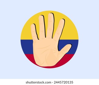 Bandera de Colombia con señal de stop en mano, protesta e idea de derechos humanos, diseño de Vector, protesta en Colombia, restricción o emblema prohibido, vulneración de la libertad de expresión, alto a la guerra