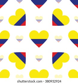 Colombia flag heart seamless pattern. Patriotic Colombia flag background. Country flag in the shape of heart. Vector seamless pattern.