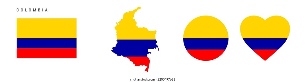 Colombia flag icon set. Colombian pennant in official colors and proportions. Rectangular, map-shaped, circle and heart-shaped. Flat vector illustration isolated on white.