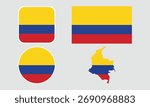 Colombia Flag Icon Set. Round, Square, Rectangular, and Map Shapes. Ideal for presentations, infographics, apps, and web design.