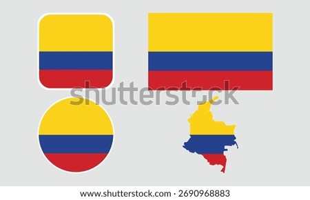 Colombia Flag Icon Set. Round, Square, Rectangular, and Map Shapes. Ideal for presentations, infographics, apps, and web design.