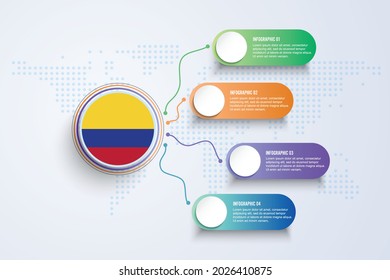 Colombia Flag with Infographic Design isolated on Dot World map. Vector illustration.