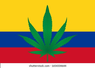 Kolumbien Flagge isolierte Vektorillustration Illustration mit realen Proportionen . Überschneidungen mit realistischen Cannabis-Blättern, um die wachsende legale cbd- und cannabis-Landwirtschaft zu repräsentieren