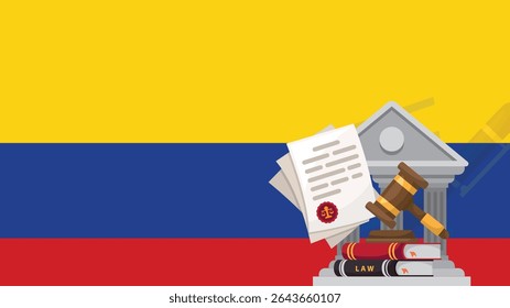 Colombia flag with judge gavel, corruption or injustice concept, public outrage in Colombia, international decision idea, law or legal result, civil court judgment, news banner
