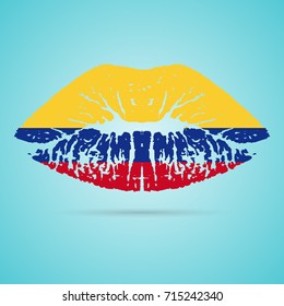 Colombia Flag Lipstick On The Lips Isolated On A White Background. Vector Illustration. Kiss Mark In Official Colors And Proportions. Independence Day