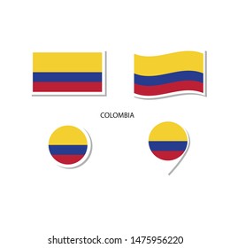 Colombia flag logo icon set, rectangle flat icons, circular shape, marker with flags.