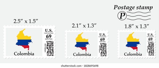 Colombia flag map on postage stamp different size.