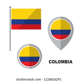 Colombia flag and map pointer isolated on white background. Republic of Colombia  national symbol. Flat design collection.