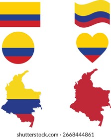 Bandera de Colombia y conjunto de mapas. Bandera de Colombia en colores y proporciones oficiales. día de la independencia 20 de julio, mapa, círculo y corazón en forma de Colombia.