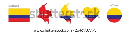 colombia flag and map set. colombia flag in official colors and proportions. independence day 20 july, map, circle and heart shaped colombia