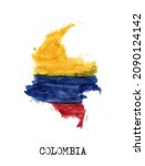 Colombia flag and map watercolor painting design . Realistic drawing country shape . White isolated background . Vector .