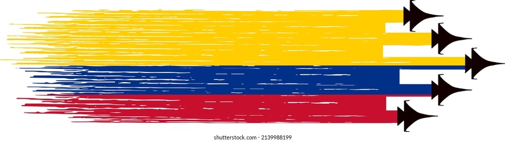 Colombia flag with military fighter jets isolated on png or transparent ,Symbols of Colombia,template for banner,card,advertising,poster, and business matching country, vector illustration