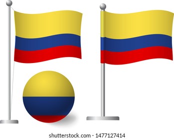 Colombia flag on pole and ball. Metal flagpole. National flag of Colombia vector illustration