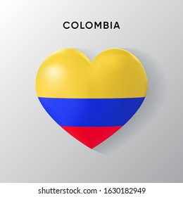Colombia flag on a realistic heart shape, vector illustration on a white background