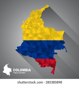 Colombia flag overlay on Colombia map with polygonal and long tail shadow style (EPS10 art vector)