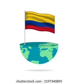 Colombia flag pole on globe. Flag waving around the world. Easy editing and vector in groups. National flag vector illustration on white background.