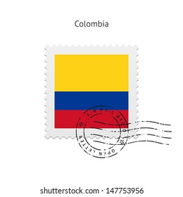 Colombia Flag Postage Stamp on white background. Vector illustration.