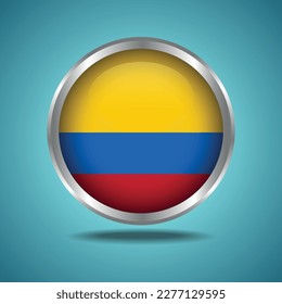 La bandera de Colombia. Redondo brillante. Marco plateado. Aislado en el fondo del degradado de color