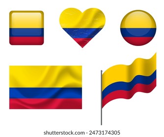 Colombia flag set of icons. Vector flag of Colombia, symbol. Set of Colombia flags button, waved, heart.