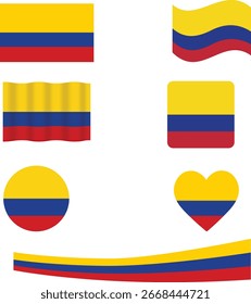 Bandera de Colombia conjunto de iconos. Bandera de Vector de Colombia. Conjunto de banderas de Colombia círculo, agitado y corazón